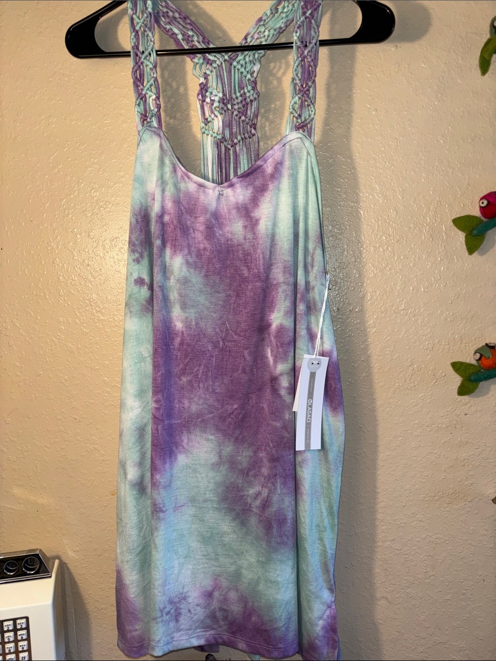 NWT LAGACI "Daylight Dreamer" tank dress features a purple and green tie-dye des
